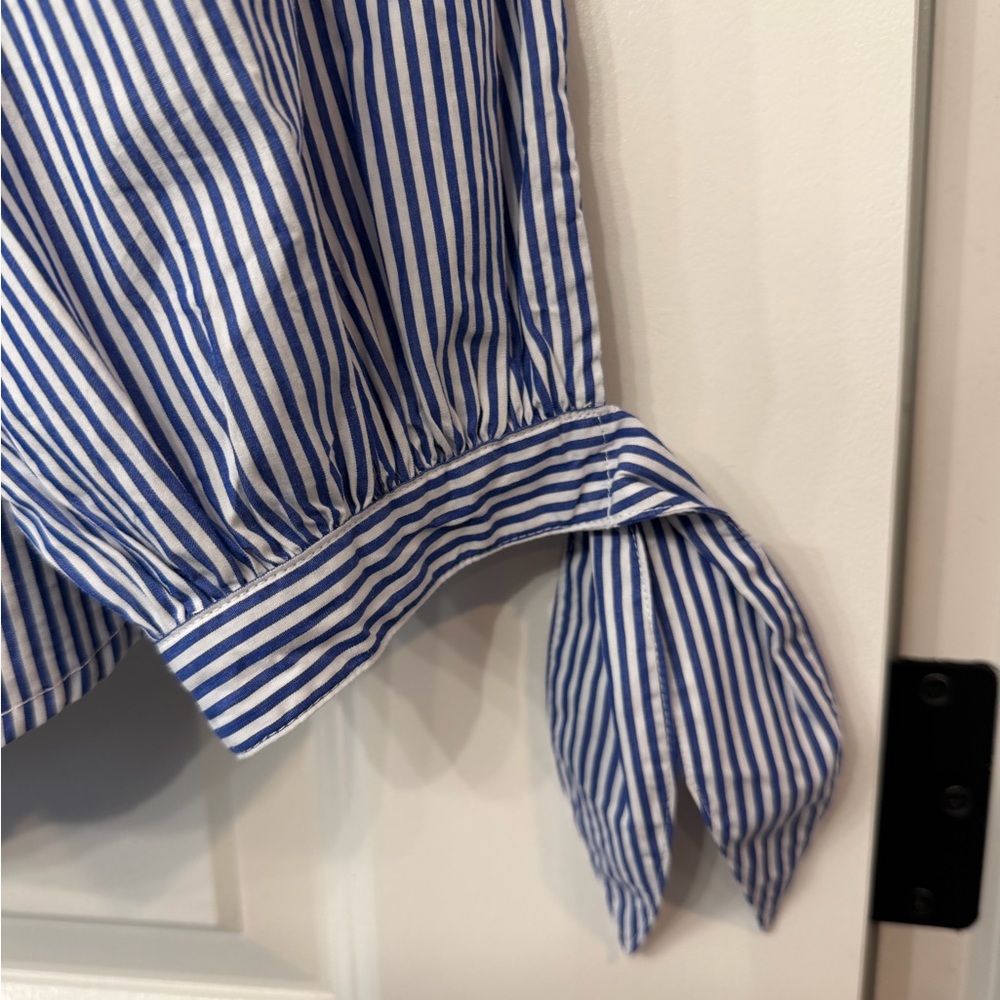 J. Crew Blue and White Striped Blouse with Green Beaded Embellishments - Picture 5 of 5